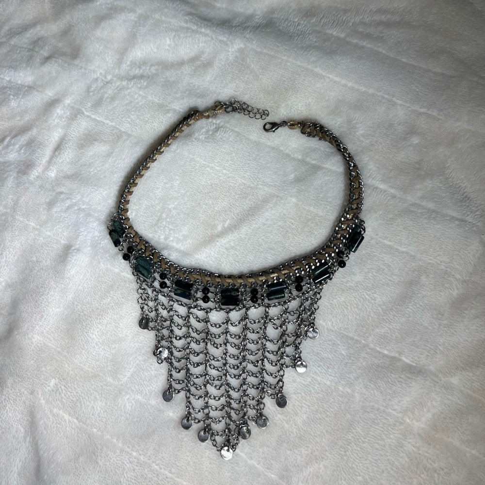 Free People Boho Necklace with Green & Leather Detail